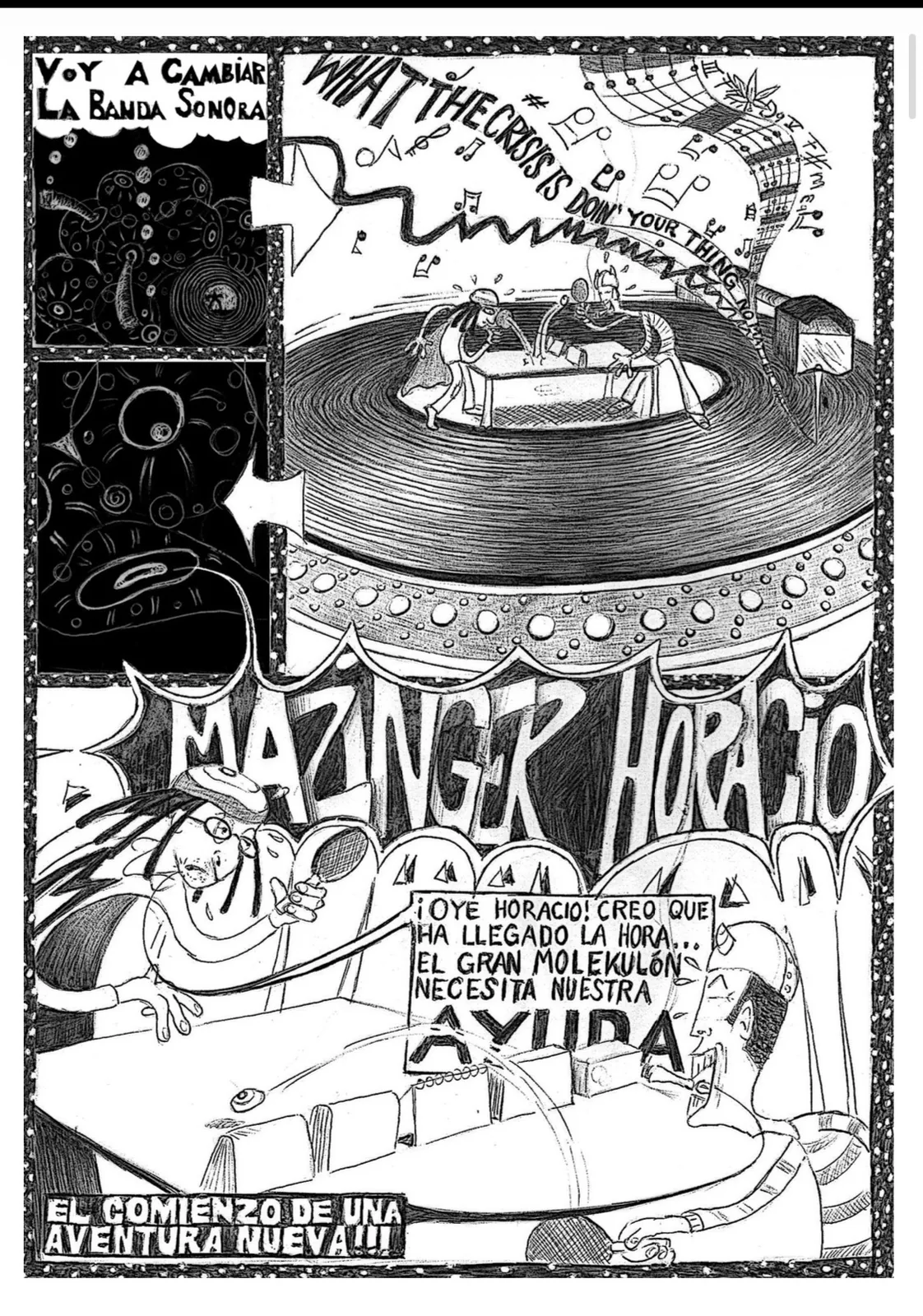 Pàgina 4: el Gran Molekulon decideix canviar la banda sonora, i Mazinguer desperta Horacio Motomachi per dir-li que ha arribat l'hora.