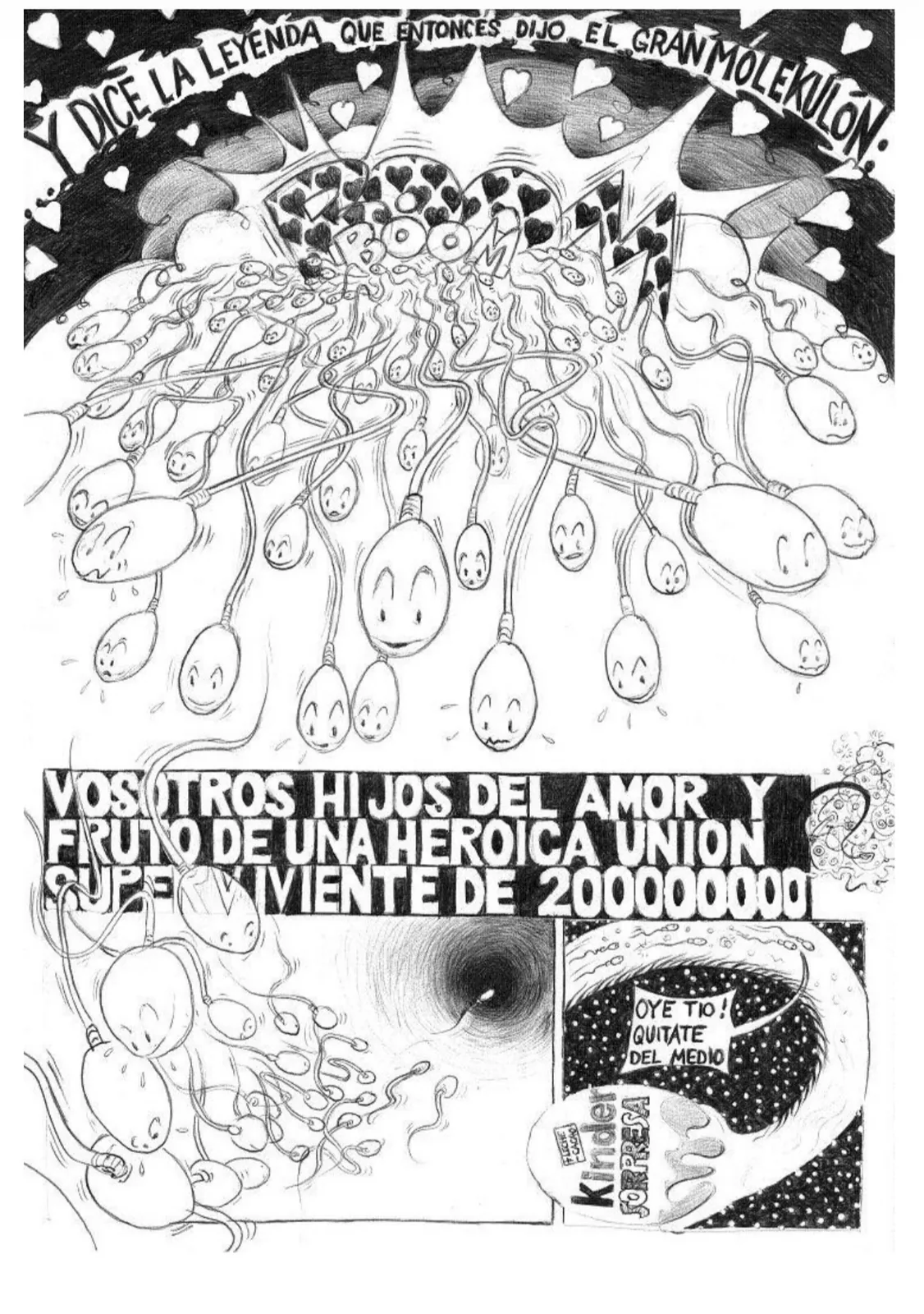 Pàgina 6: una allau d'espermatozoides somrients travessant la foscor cap a l'òvul, sota el rètol de la llegenda del Gran Molekulon.